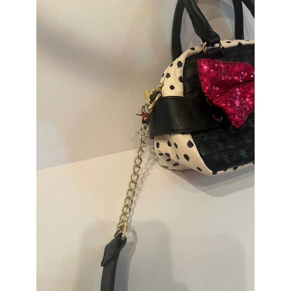 Betsy Johnson Purse Bag Handbag Black White Polka Dot Pink Sequin Bow With Strap